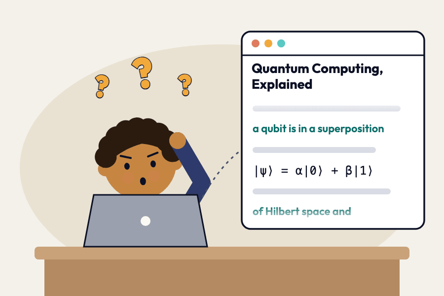 A student at a laptop is lost in an article full of quantum equations
